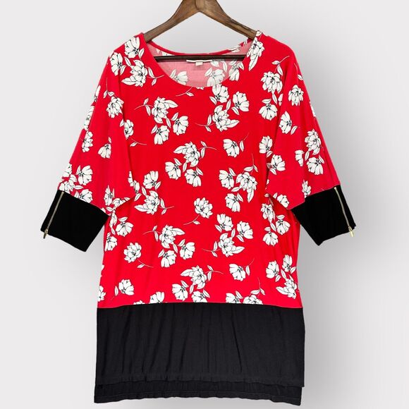 Woman Within Tunic Blouse Top Women 18 Red‎ Floral Dolman Zip 3/4 Sleeve F06 - Picture 1 of 12